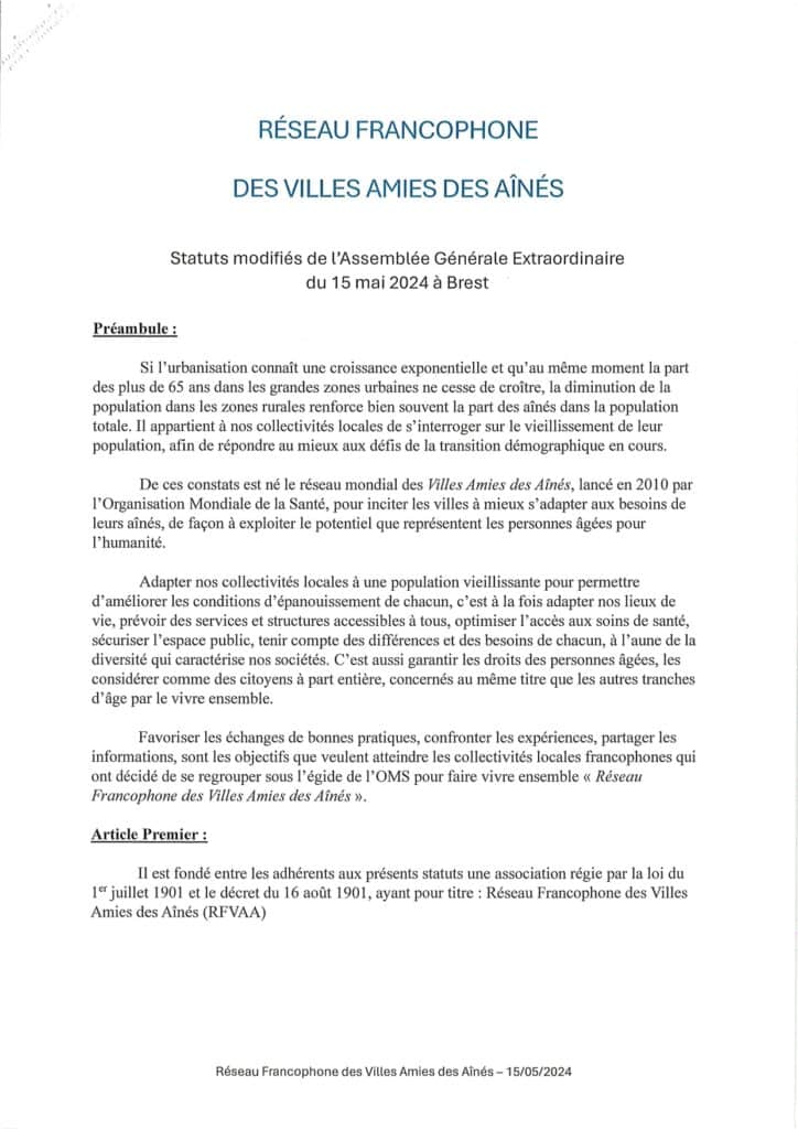 Statuts de l'association Villes Amies des Aînés, modifiés en 2024 à Brest.