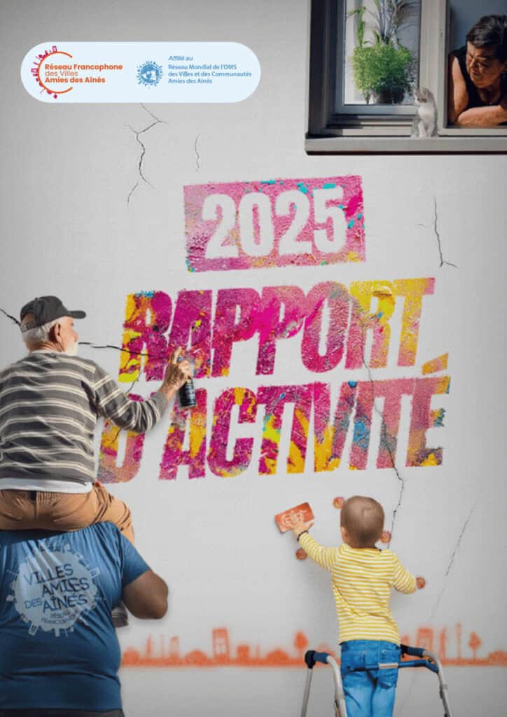 Mur avec graffiti "2025 Rapport d'activité" en couleurs vives, avec deux enfants et un adulte.